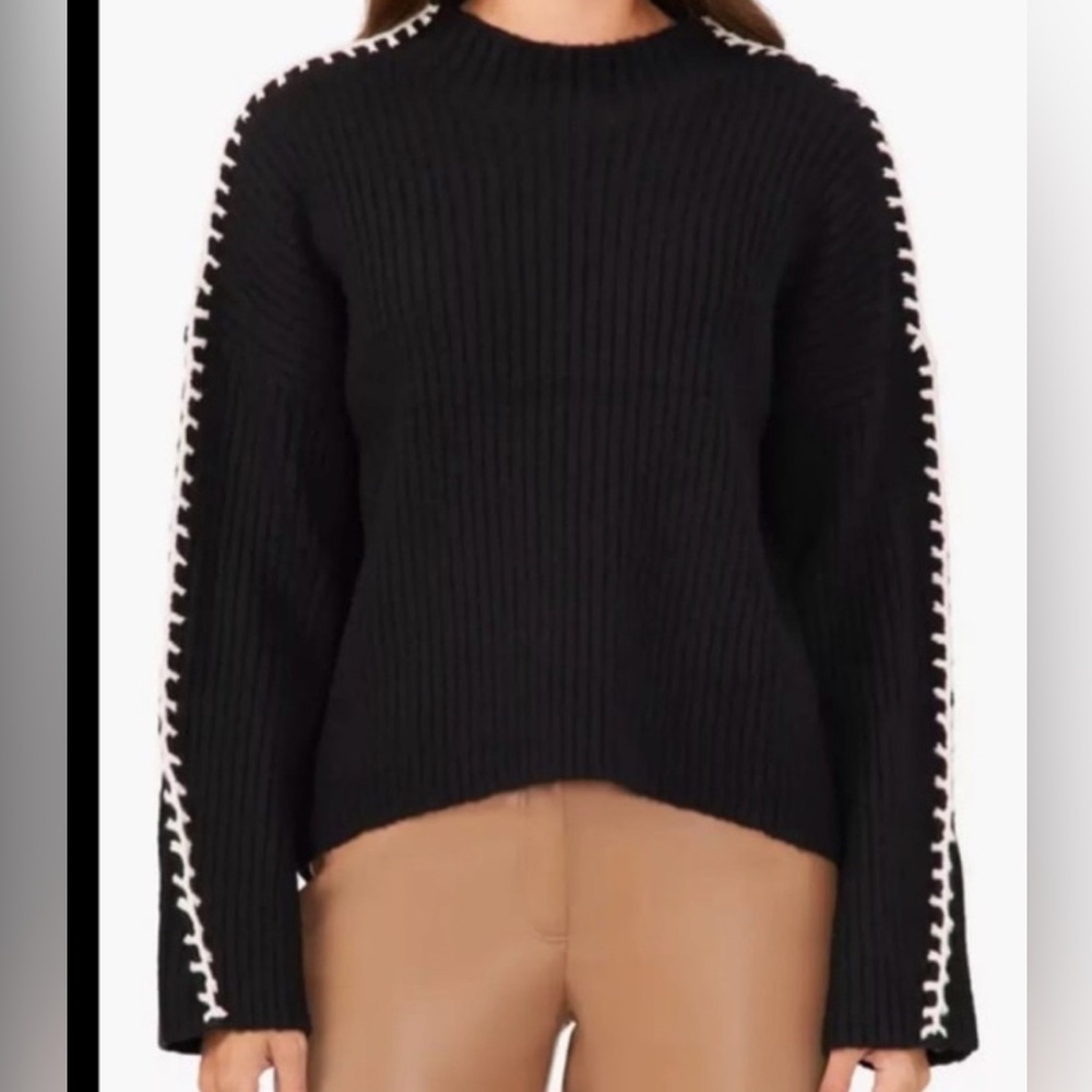 Halogen Black Ribbed Turtleneck Sweater with White Detailing - Size Medium